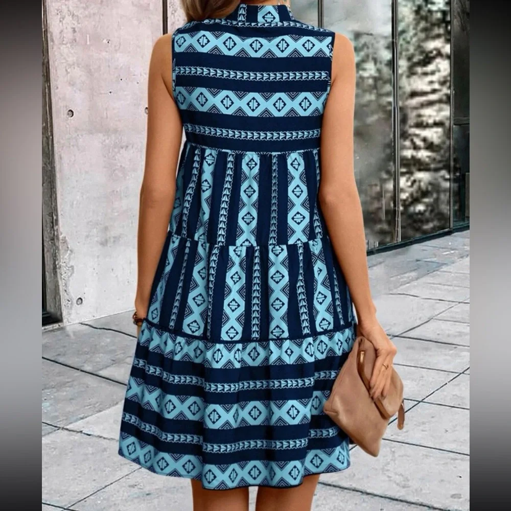 Boho Geometric Abstract Print Sleeveless Collar Dress - Picture 2 of 12